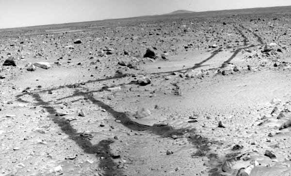 Rover tracks as seen from the ground.  Image credit NASA/JPL. 
