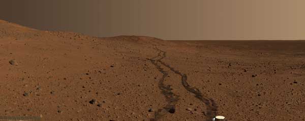 Spirit, hills and tracks, color.  Image credit NASA/JPL. 